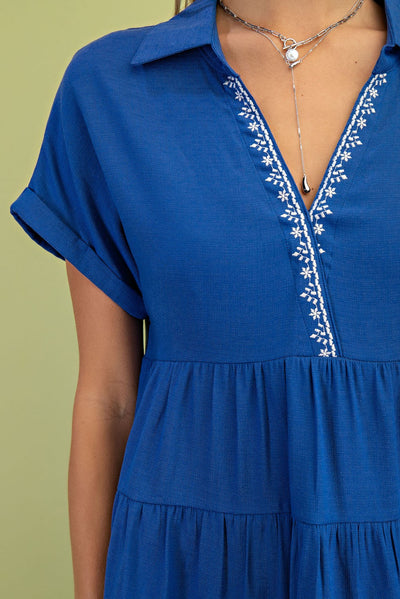 Embroidered Collar Dress in Royal Blue