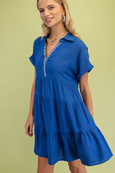 Embroidered Collar Dress in Royal Blue