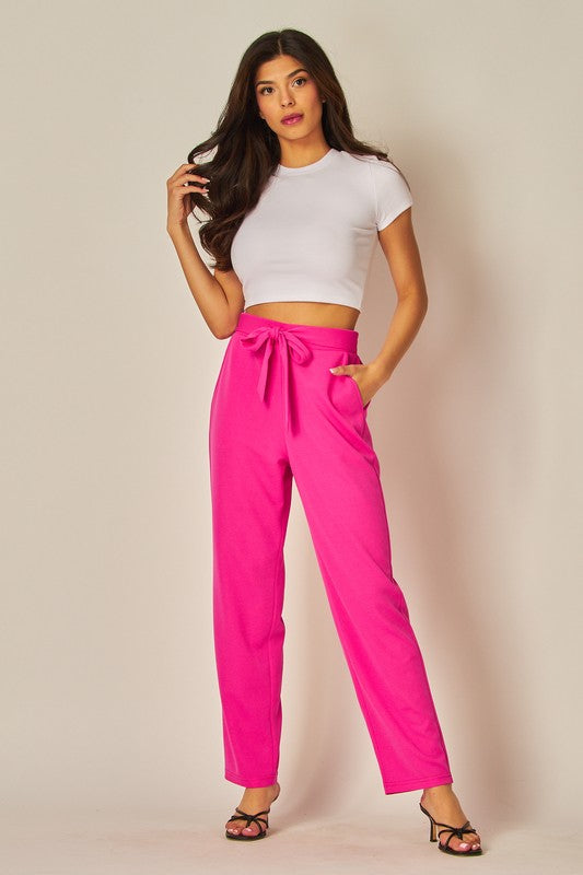 High Waist Self Tie Straight Pants