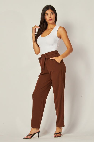 High Waist Self Tie Straight Pants