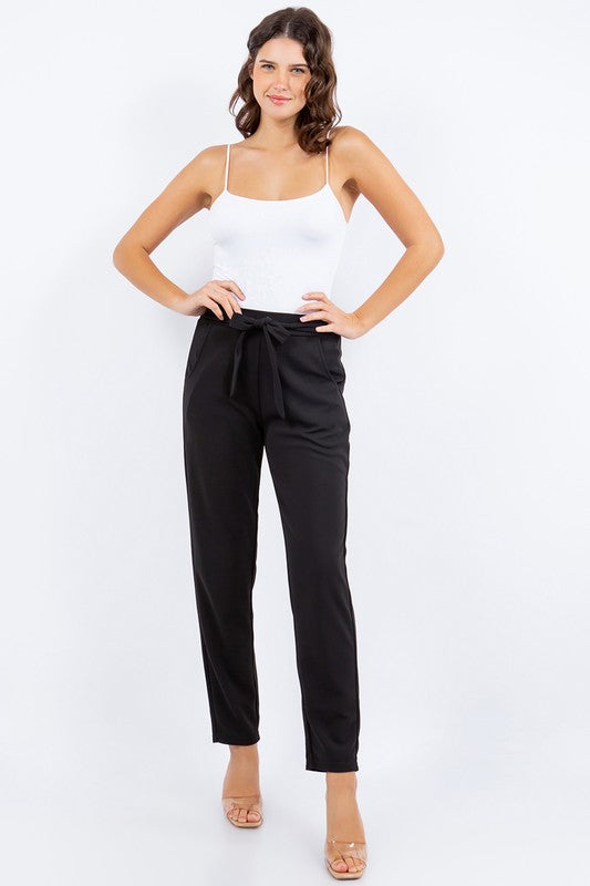 High Waist Self Tie Straight Pants