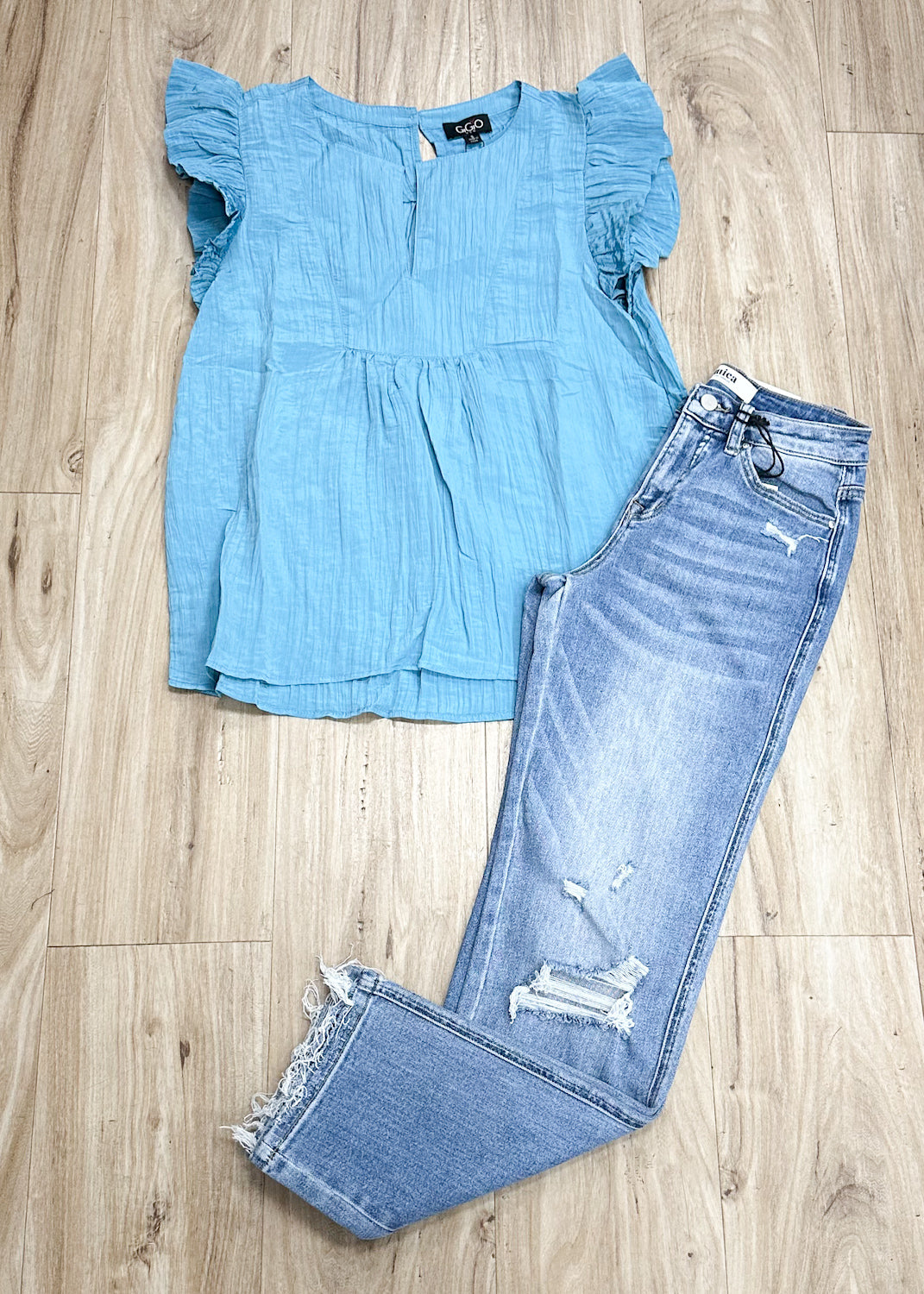 Crinkle Fabric Flutter Sleeve Top in Blue