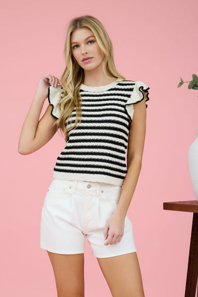 Striped Ruffle Sleeve Sweater Top