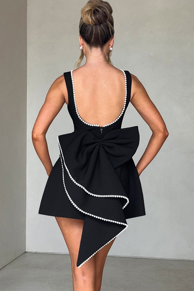 Pearl Bow A Line Mini Dress in Black