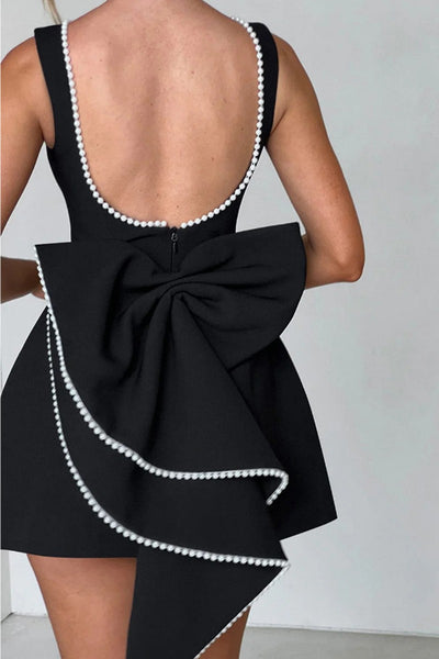 Pearl Bow A Line Mini Dress in Black