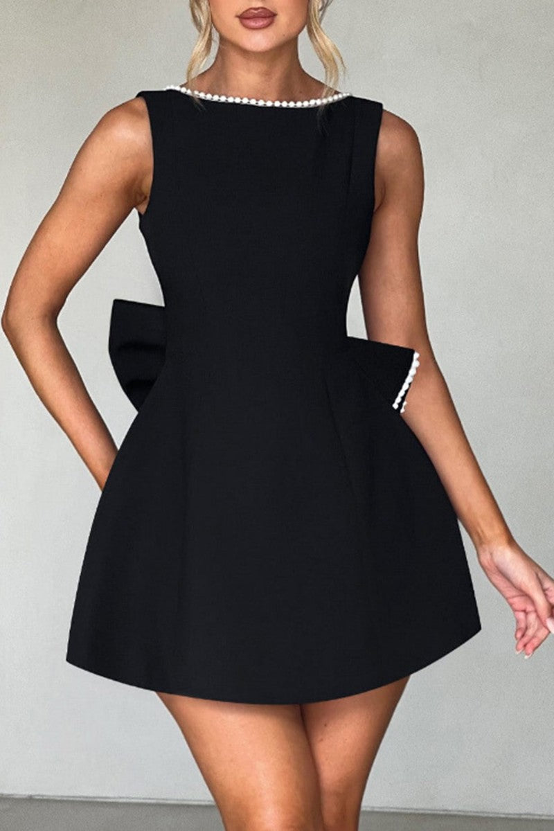 Pearl Bow A Line Mini Dress in Black