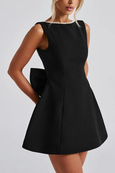 Pearl Bow A Line Mini Dress in Black