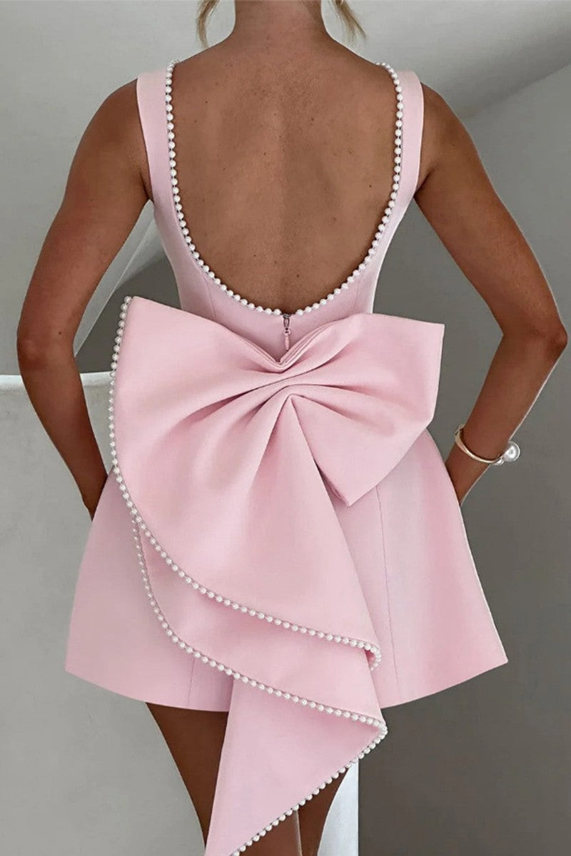 Pearl Bow A Line Mini Dress in Pink