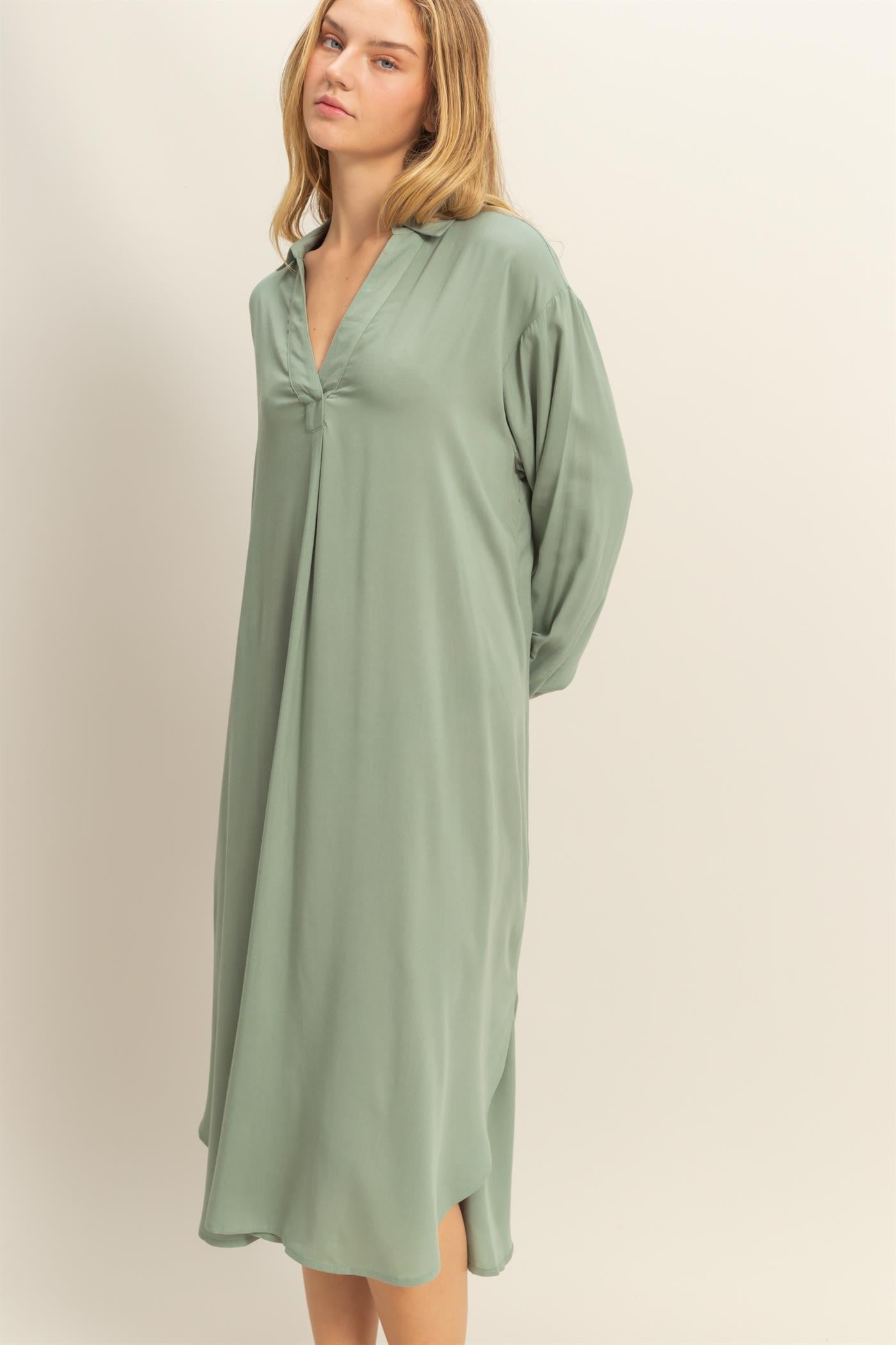 V Neck Midi Length Shirt Dress