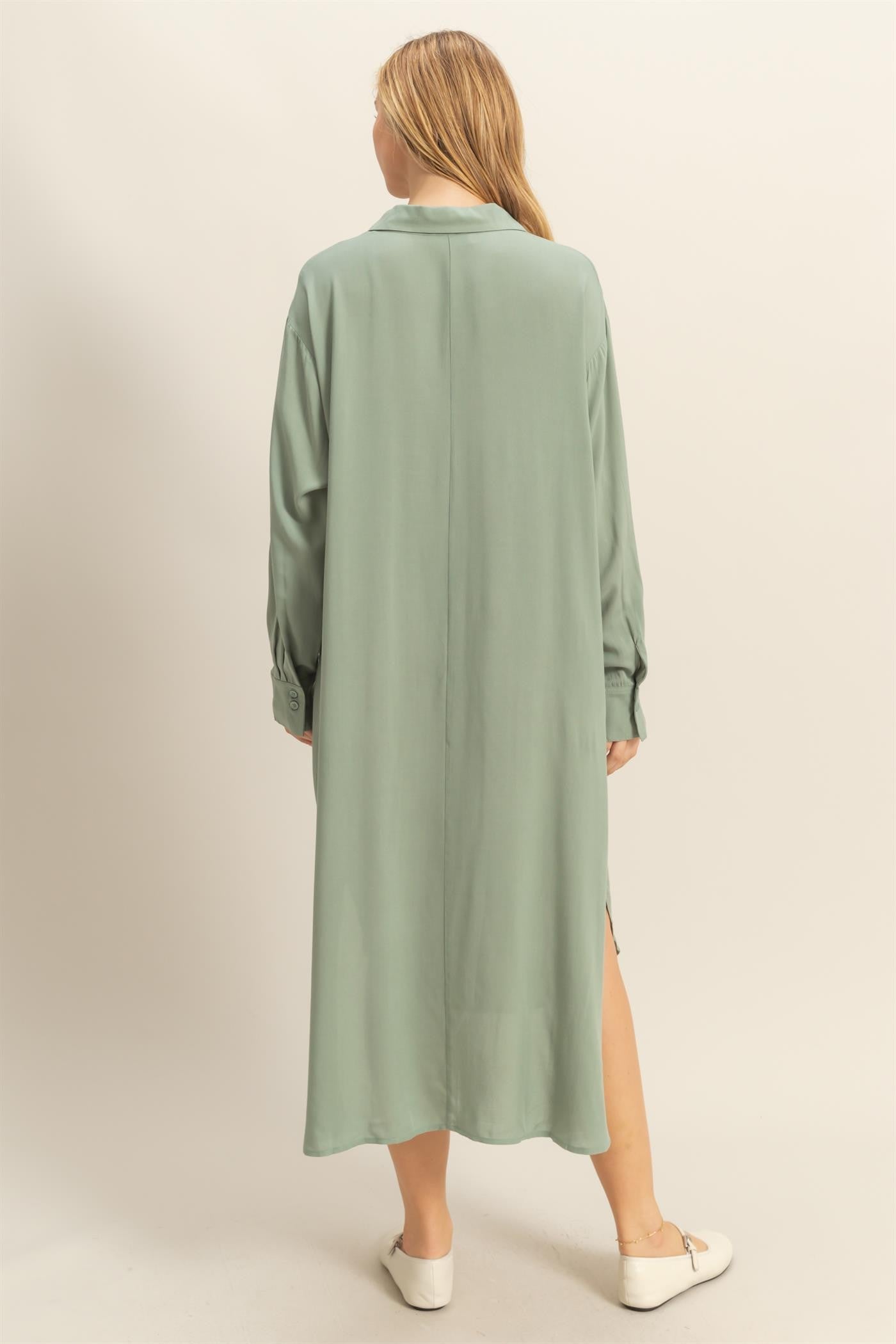 V Neck Midi Length Shirt Dress