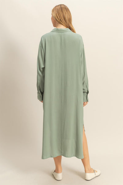 V Neck Midi Length Shirt Dress
