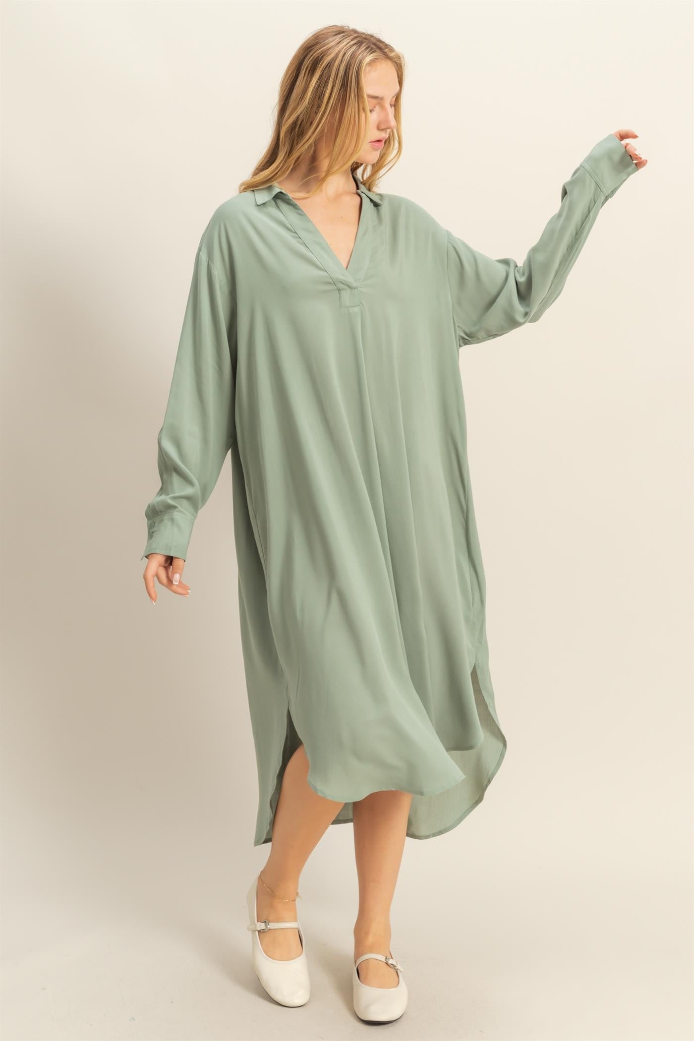 V Neck Midi Length Shirt Dress