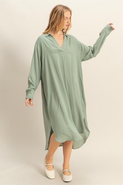 V Neck Midi Length Shirt Dress