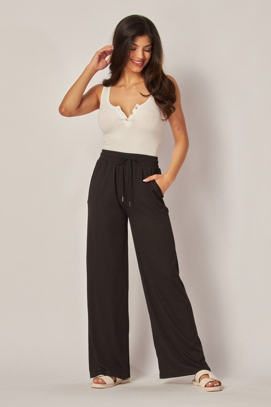 Ribbed Drawstring Wide Leg Pants