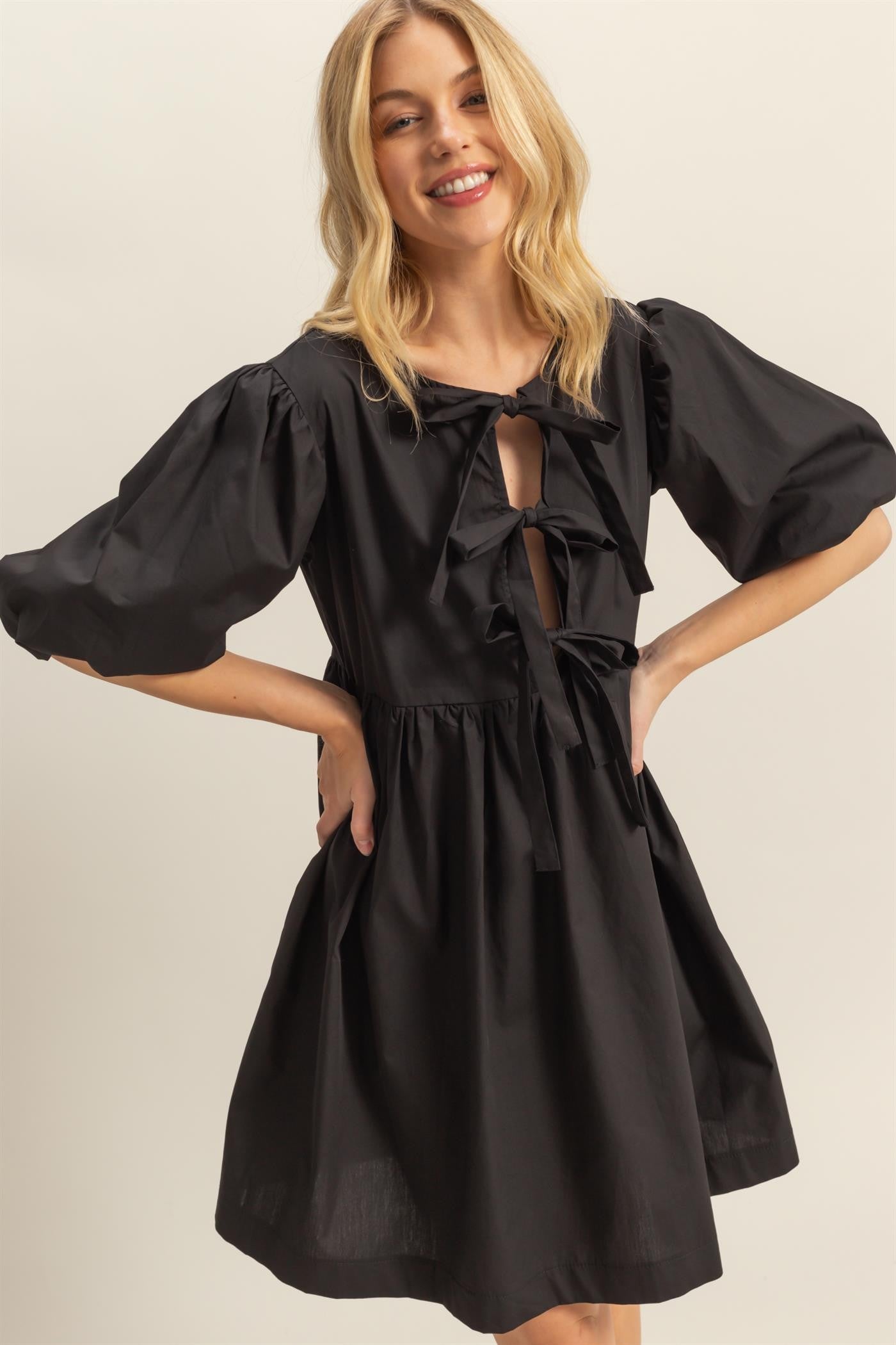 Triple Bow Tie Puff Sleeve Dress