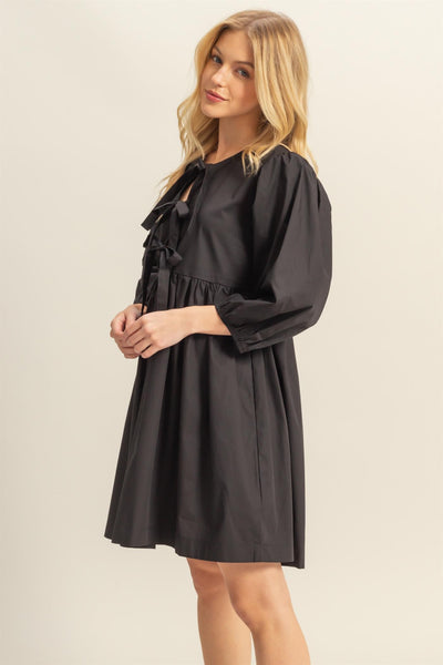 Triple Bow Tie Puff Sleeve Dress