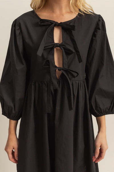 Triple Bow Tie Puff Sleeve Dress