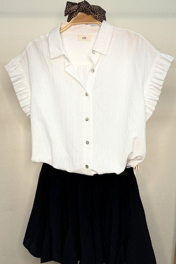 Pleated Ruffle Sleeve Top in White
