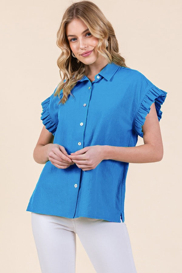 Pleated Ruffle Sleeve Top in Blue