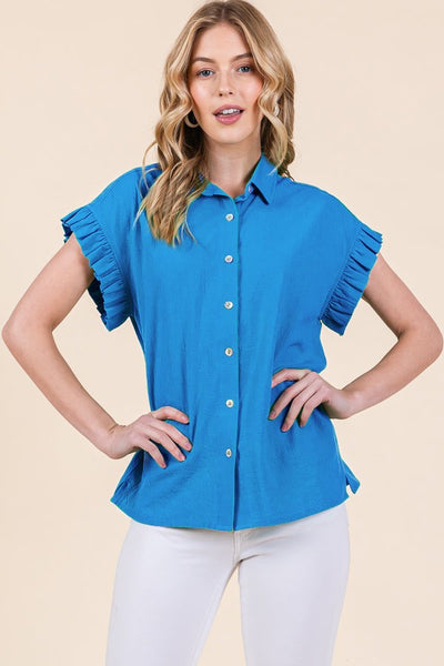 Pleated Ruffle Sleeve Top in Blue