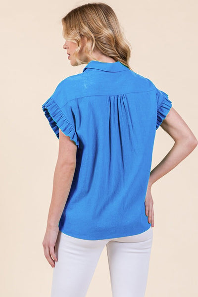Pleated Ruffle Sleeve Top in Blue