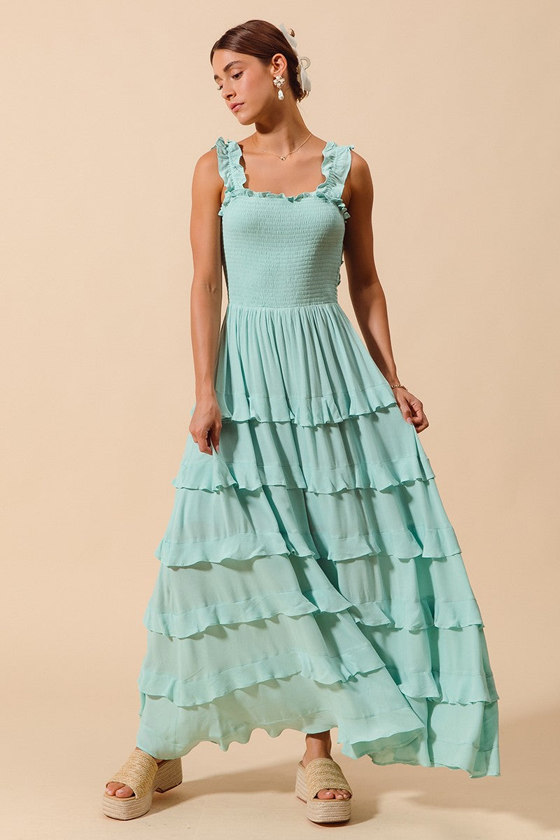 Smocked Ruffle Maxi Dress in Dusty Blue