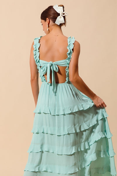 Smocked Ruffle Maxi Dress in Dusty Blue