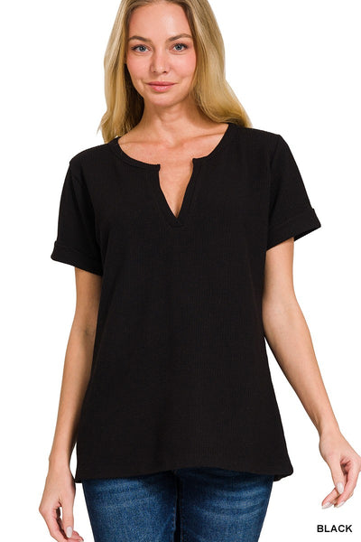 Baby Waffle Split Neck Top