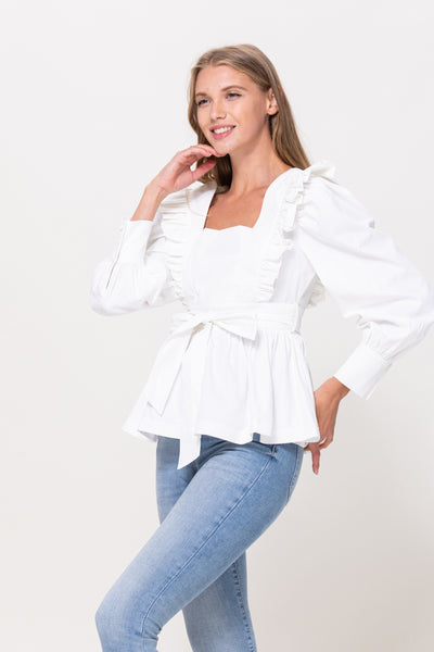 Long Sleeve Ruffle Detail Top in Off White
