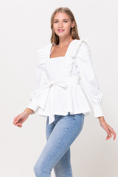 Long Sleeve Ruffle Detail Top in Off White