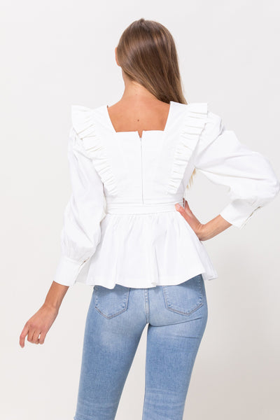 Long Sleeve Ruffle Detail Top in Off White