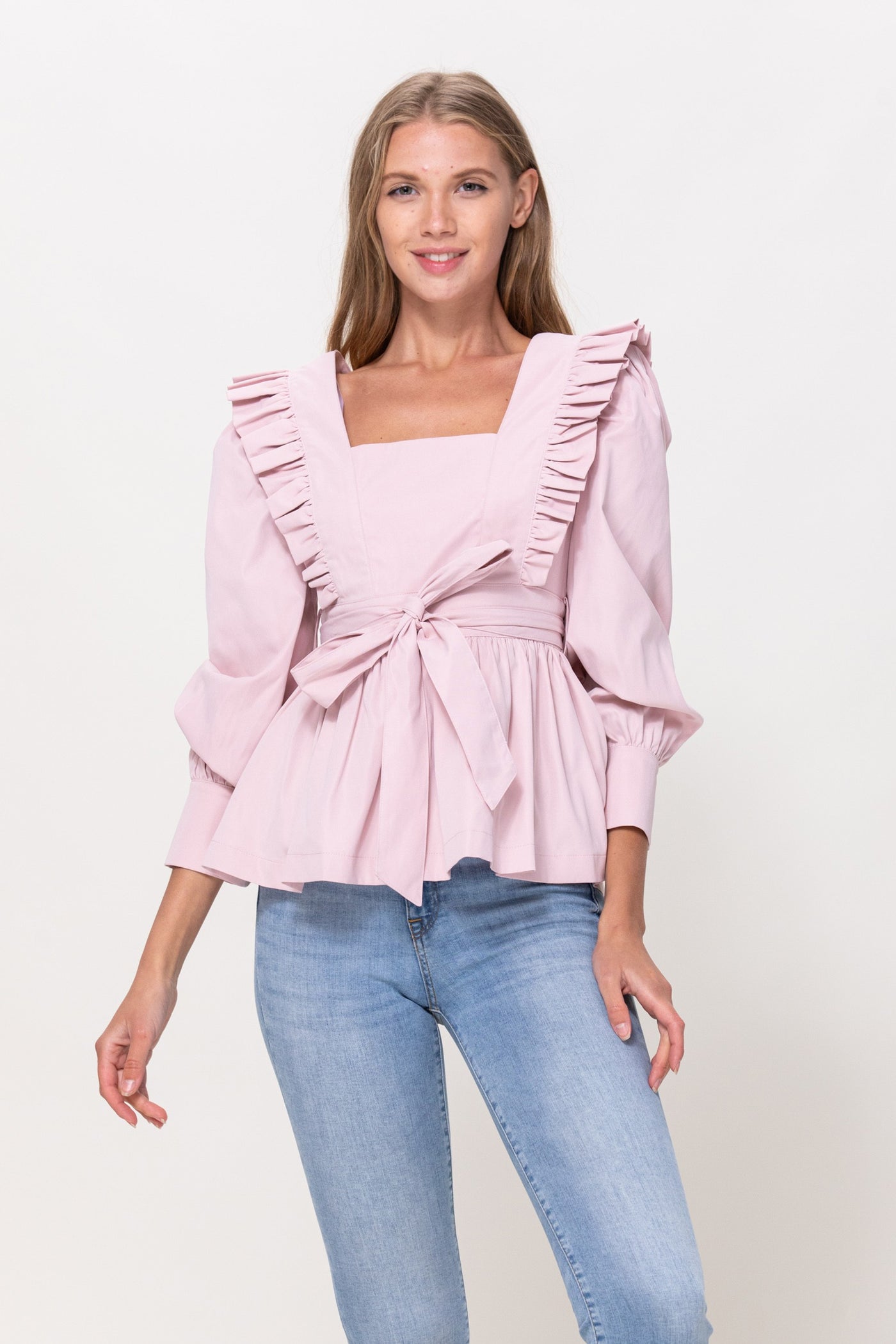 Long Sleeve Ruffle Detail Top in Pink
