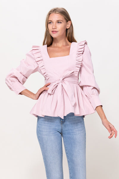 Long Sleeve Ruffle Detail Top in Pink