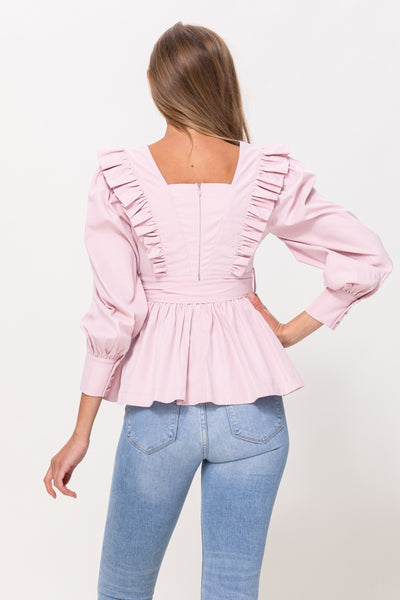 Long Sleeve Ruffle Detail Top in Pink