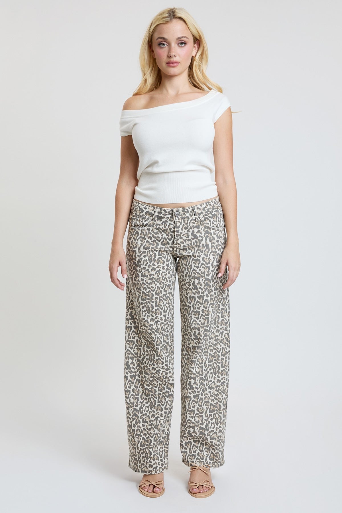 YMI Low Rise Leopard Print Wide Leg Jeans