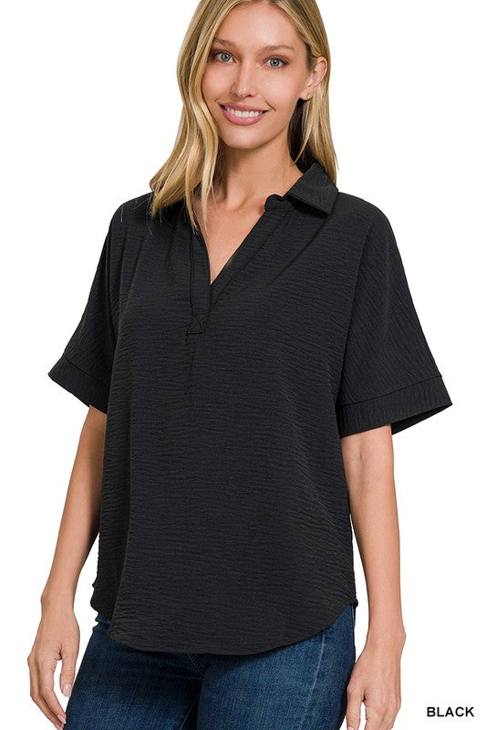 Collared V Neck Short Sleeve Top