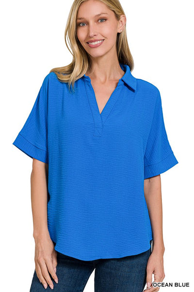 Collared V Neck Short Sleeve Top