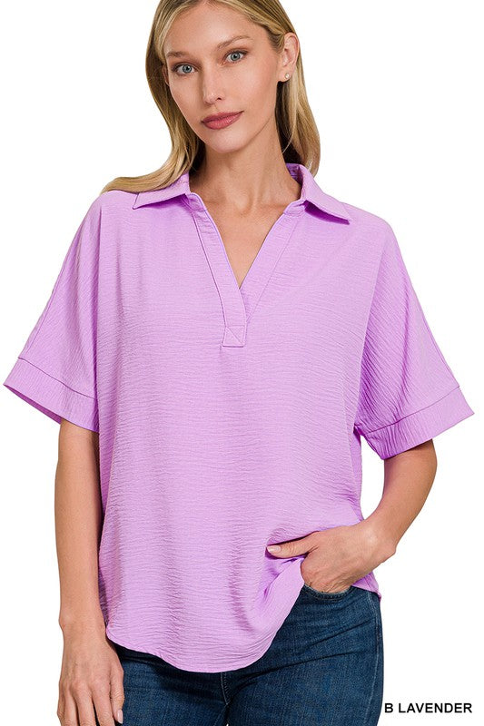 Collared V Neck Short Sleeve Top