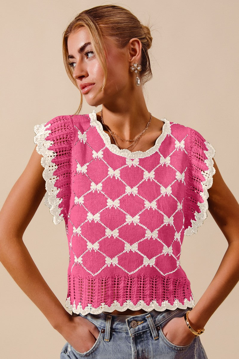 Bow Sleeveless Sweater Top in Pink