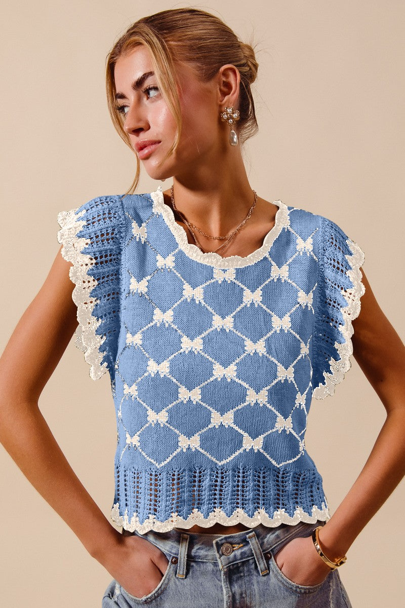 Bow Sleeveless Sweater Top in Blue