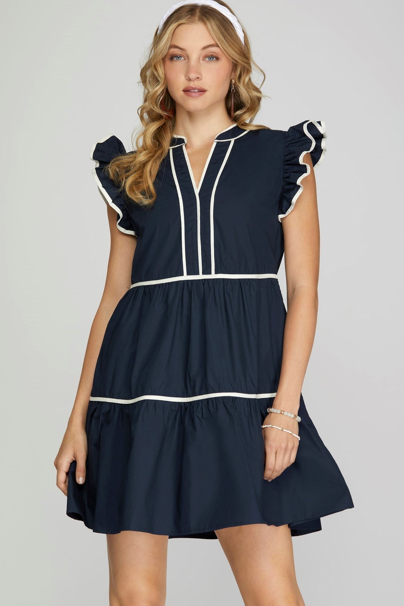 Contrast Piping Ruffle Sleeve Dress