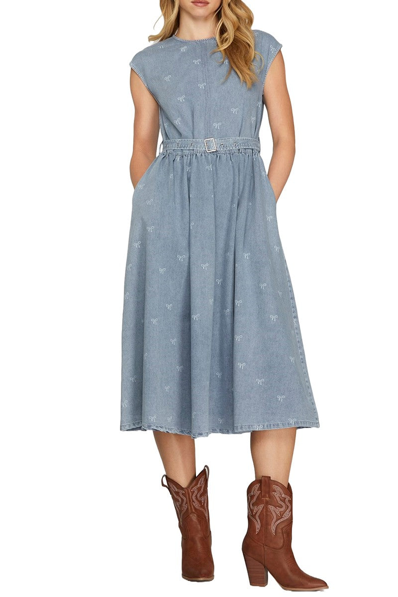 Cap Sleeve Bow Print Midi Dress