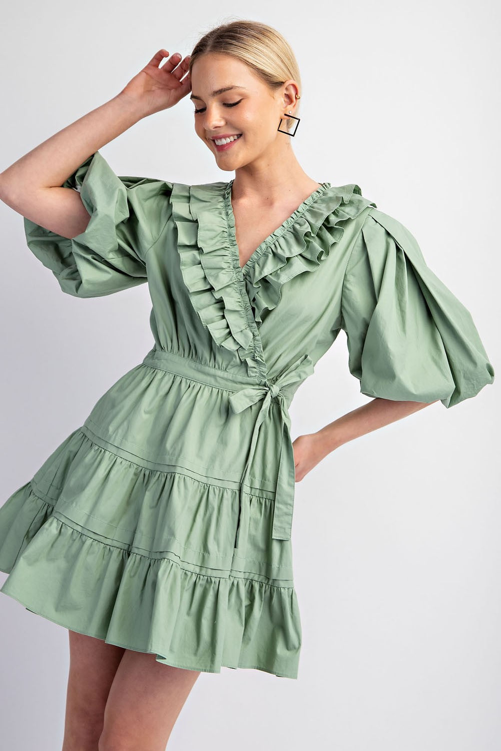 Puff Sleeve Wrap Mini Dress in Sage