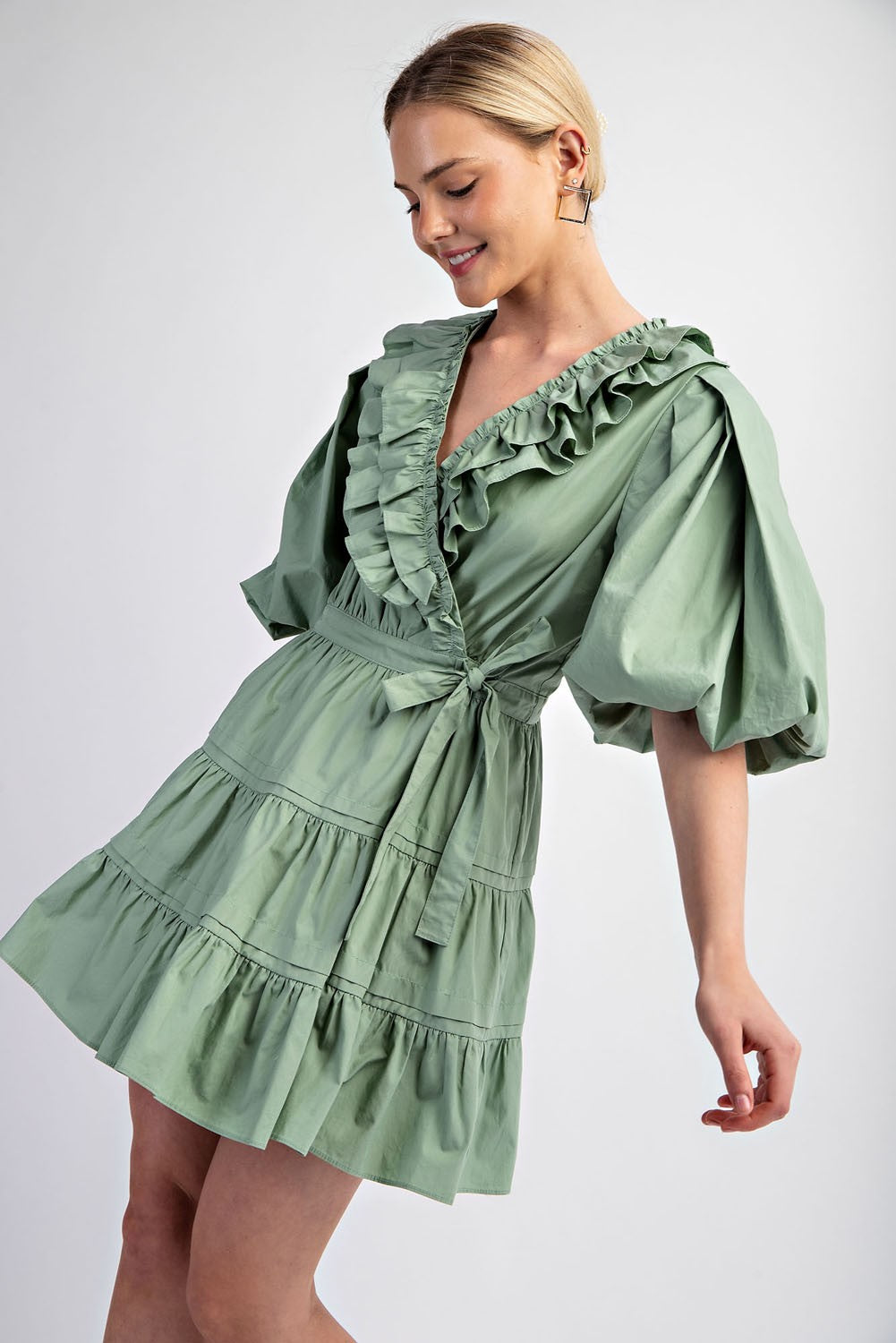 Puff Sleeve Wrap Mini Dress in Sage