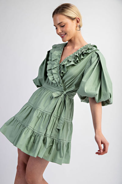 Puff Sleeve Wrap Mini Dress in Sage