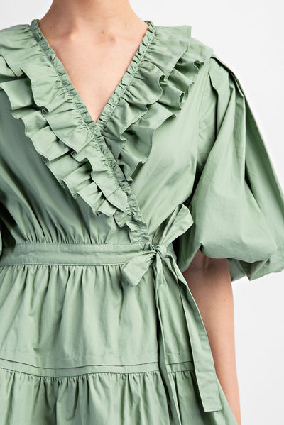 Puff Sleeve Wrap Mini Dress in Sage