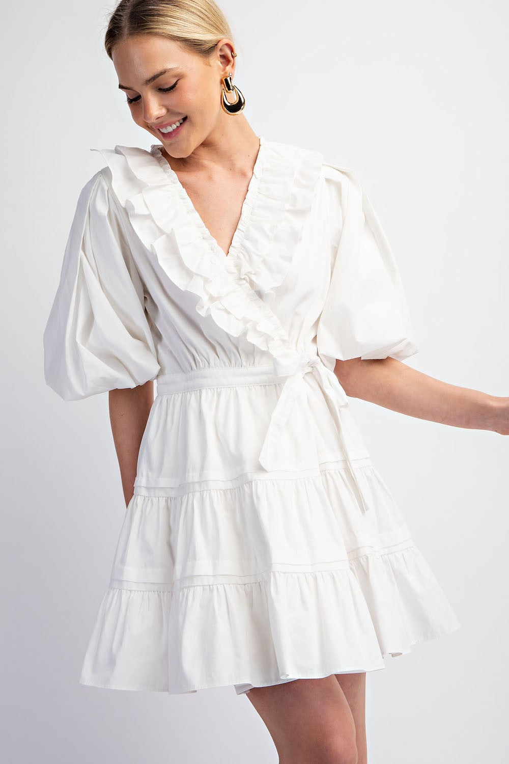 Puff Sleeve Wrap Mini Dress in White