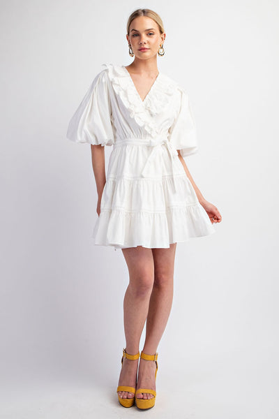 Puff Sleeve Wrap Mini Dress in White