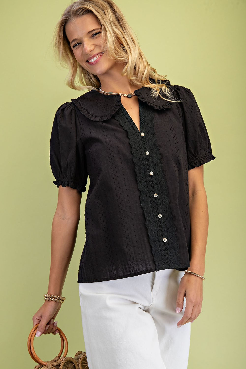Short Puff Sleeve Blouse in Black