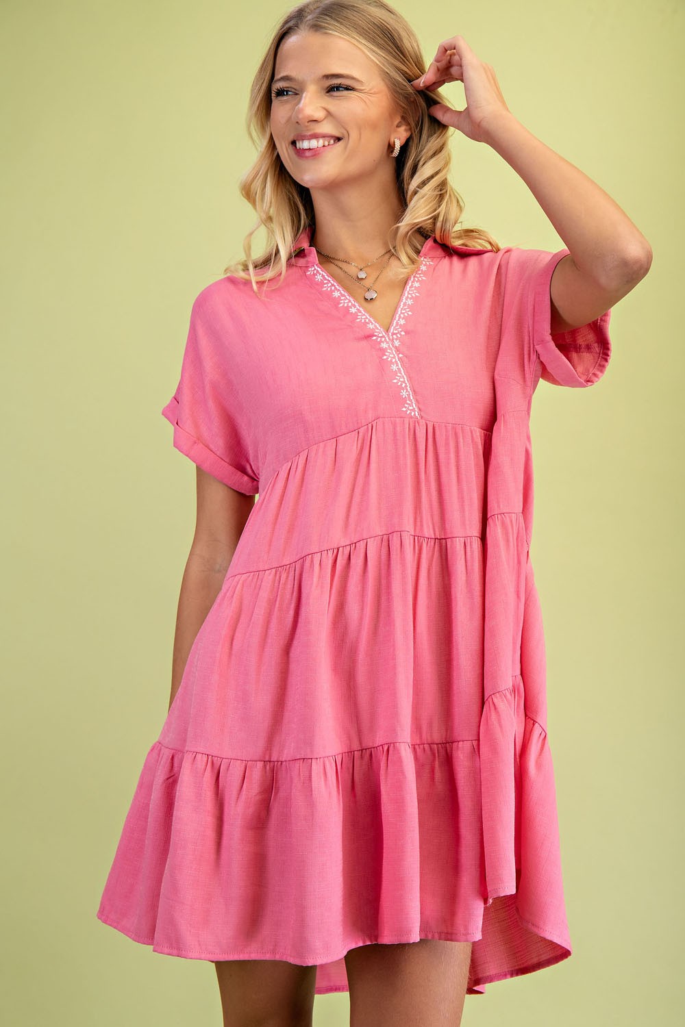Embroidered Collar Dress in Pink